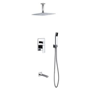 Aqua Piazza Shower Set w/ 12″ Ceiling Mount Square Rain Shower, Handheld and Tub Filler