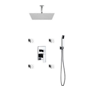 Aqua Piazza Shower Set w/ 20″ Ceiling Mount Square Rain Shower, 4 Body Jets and Handheld