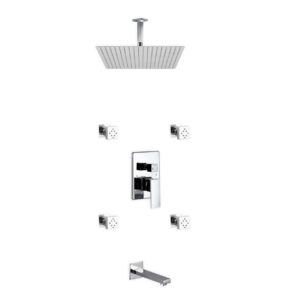Aqua Piazza Shower Set w/ 20″ Ceiling Mount Square Rain Shower, Tub Filler and 4 Body Jets