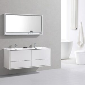 De Lusso 60″ Double Sink High Gloss White Wall Mount Modern Bathroom Vanity