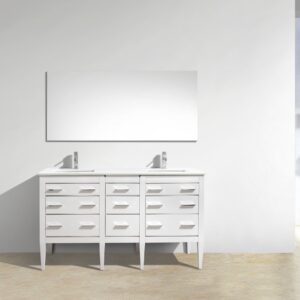 Eiffel 60″ Double Sink High Gloss White Vanity W/ White Counter Top