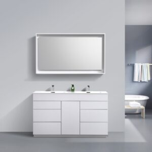 Milano 60″ Double Sink High Gloss White Floor Mount Modern Bathroom Vanity