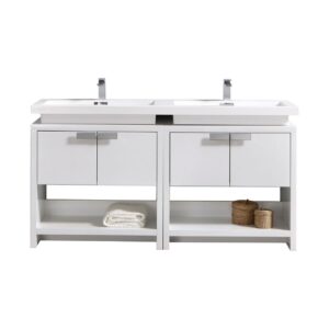 Levi 63″ High Gloss White Modern Bathroom Vanity w/ Cubby Hole