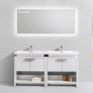 Levi 63″ High Gloss White Modern Bathroom Vanity w/ Cubby Hole