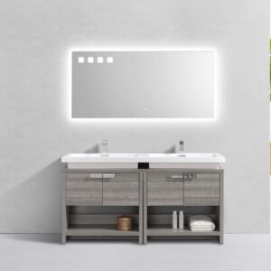 Levi 63″ Ash Gray Double Sink Modern Bathroom Vanity w/ Cubby Hole