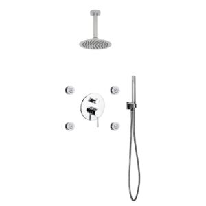 Aqua RONDO Chrome Brass Shower Set w/ 8″ Round Rain Shower, 4 Body Jets and Handheld