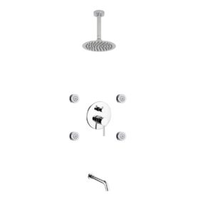 Aqua RONDO Chrome Brass Shower Set w/ 8″ Round Rain Shower, 4 Body Jets and Tubfiller