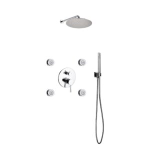 Aqua Rondo Chrome Brass Shower Set w/ 12″ Round Rain Shower, 4 Body Jets and Handheld