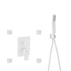 Aqua Piazza White Shower Set w/ 8″ Ceiling Mount Square Rain Shower, Handheld and 4 Body Jets