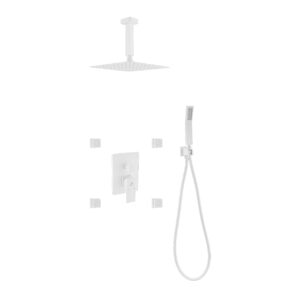 Aqua Piazza White Shower Set w/ 8″ Ceiling Mount Square Rain Shower, Handheld and 4 Body Jets
