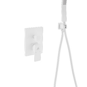 Aqua Piazza White Shower Set w/ 8″ Ceiling Mount Square Rain Shower, Handheld and Tub Filler