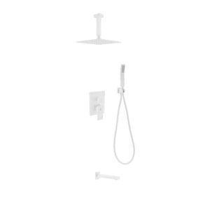 Aqua Piazza White Shower Set w/ 8″ Ceiling Mount Square Rain Shower, Handheld and Tub Filler