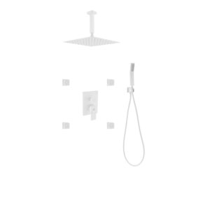 Aqua Piazza White Shower Set w/ 12″ Ceiling Mount Square Rain Shower, 4 Body Jets and Handheld