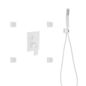 Aqua Piazza White Shower Set w/ 12″ Ceiling Mount Square Rain Shower, 4 Body Jets and Handheld