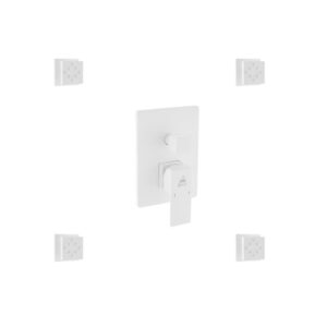 Aqua Piazza White Shower Set w/ 12″ Ceiling Mount Square Rain Shower, Tub Filler and 4 Body Jets