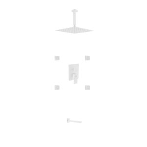 Aqua Piazza White Shower Set w/ 12″ Ceiling Mount Square Rain Shower, Tub Filler and 4 Body Jets