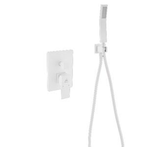 Aqua Piazza White Shower Set w/ 12″ Ceiling Mount Square Rain Shower, Handheld and Tub Filler