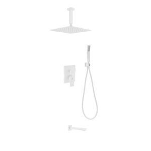 Aqua Piazza White Shower Set w/ 12″ Ceiling Mount Square Rain Shower, Handheld and Tub Filler
