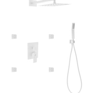 Aqua Piazza White Shower Set w/ 8″ Square Rain Shower, 4 Body Jets and Handheld
