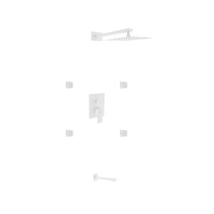 Aqua Piazza White Shower Set w/ 8″ Square Rain Shower, 4 Body Jets and Tub Filler
