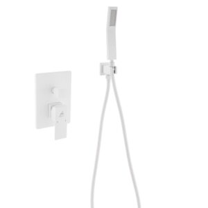 Aqua Piazza White Shower Set w/ 8″ Square Rain Shower, Tub Filler and Handheld