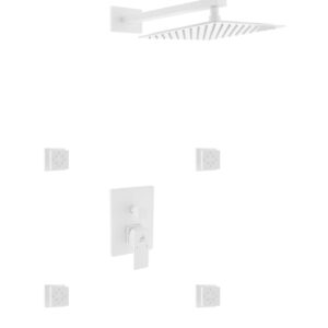 Aqua Piazza White Shower Set w/ 12″ Square Rain Shower and 4 Body Jets