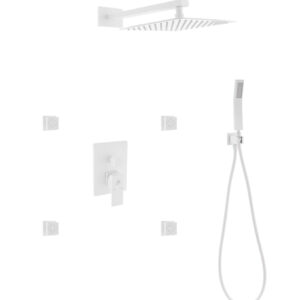 Aqua Piazza White Shower Set w/ 12″ Square Rain Shower, Handheld and 4 Body Jets