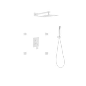 Aqua Piazza White Shower Set w/ 12″ Square Rain Shower, Handheld and 4 Body Jets