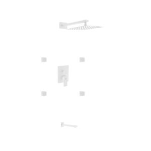 Aqua Piazza White Shower Set w/ 12″ Square Rain Shower, Tub Filler and 4 Body Jets