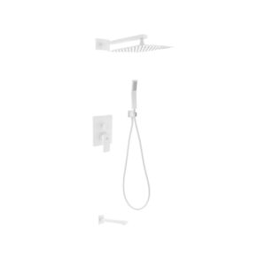 Aqua Piazza White Shower Set w/ 12″ Square Rain Shower, Tub Filler and Handheld