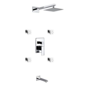 Aqua Piazza Brass Shower Set w/ 8″ Square Rain Shower, 4 Body Jets and Tub Filler