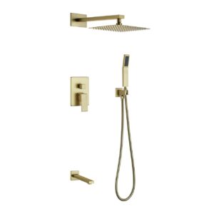 Aqua Piazza Gold Shower Set w/ 8″ Square Rain Shower, Tub Filler and Handheld