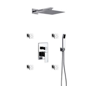 Aqua Piazza Shower Set w/ 12″ Square Rain Shower, Handheld and 4 Body Jets