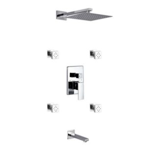 Aqua Piazza Shower Set w/ 12″ Square Rain Shower, Tub Filler and 4 Body Jets
